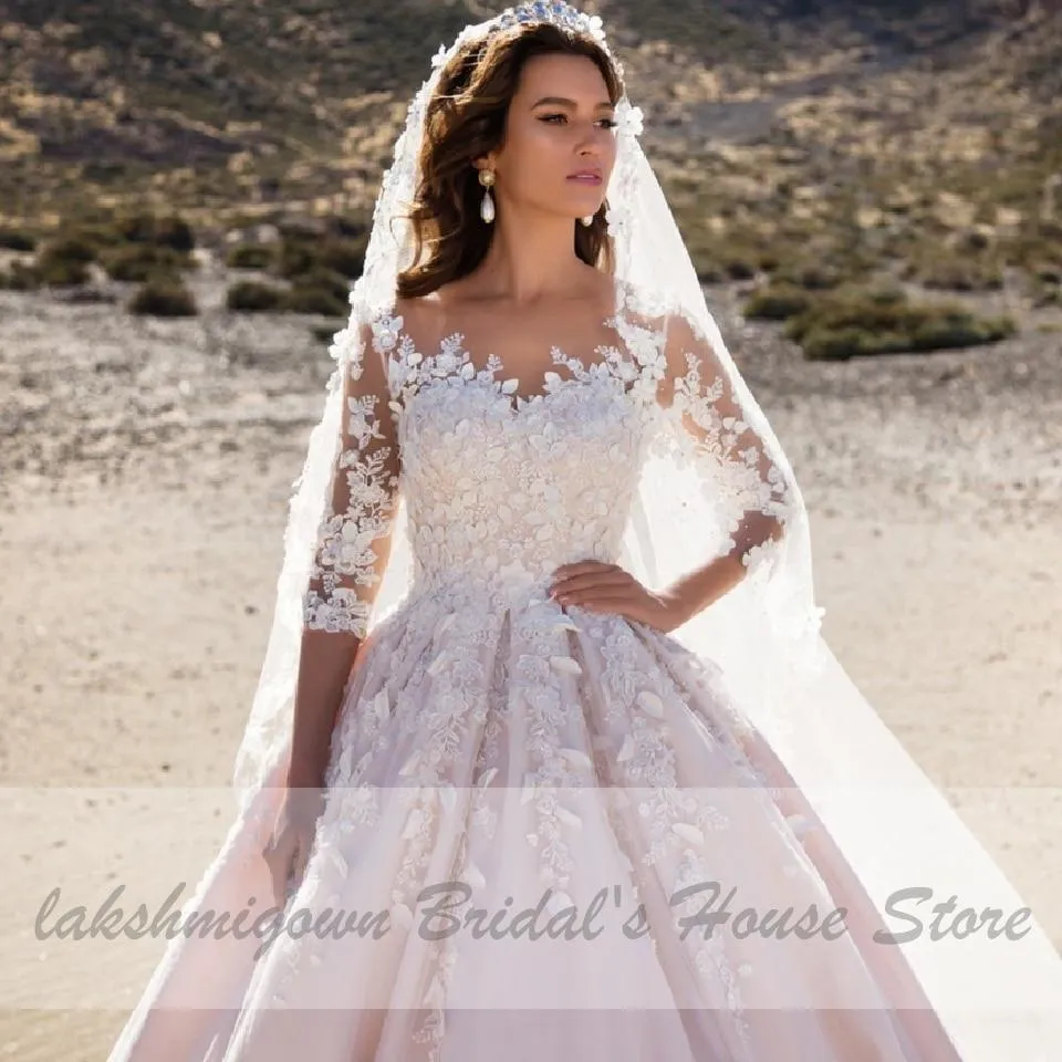 Luxury African Wedding Gowns with Floral Sleeves Muslim