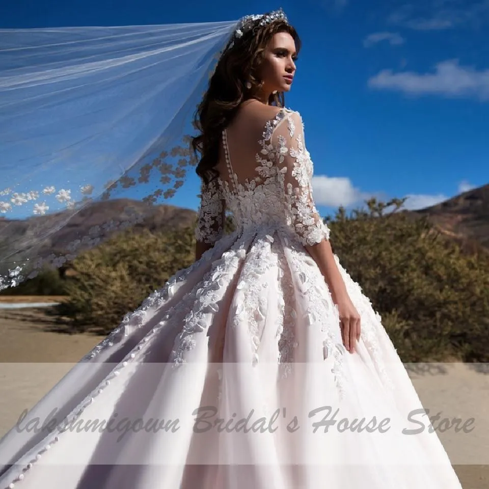 Luxury African Wedding Gowns with Floral Sleeves Muslim