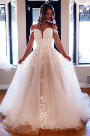 Luxury Tulle A-line Off Shoulder Wedding Dresses With Lace Appliques, MW650
