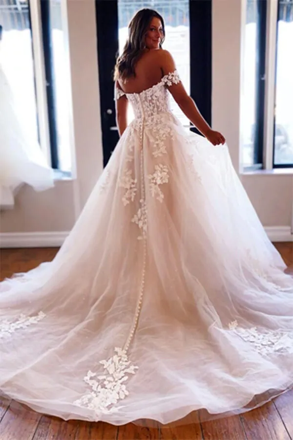 Luxury Tulle A-line Off Shoulder Wedding Dresses With Lace Appliques, MW650