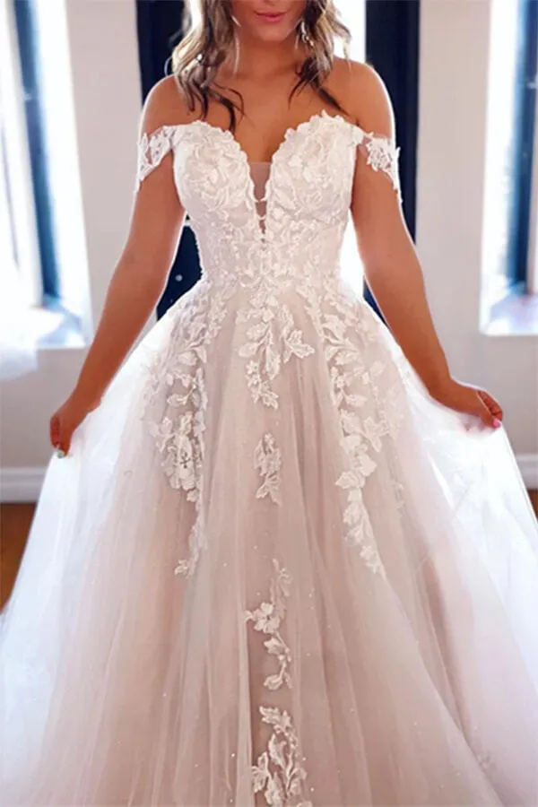 Luxury Tulle A-line Off Shoulder Wedding Dresses With Lace Appliques, MW650