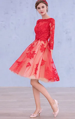 MACloth 3/4 Sleeves Lace Cocktail Dress Midi Red Wedding Party Formal Gown