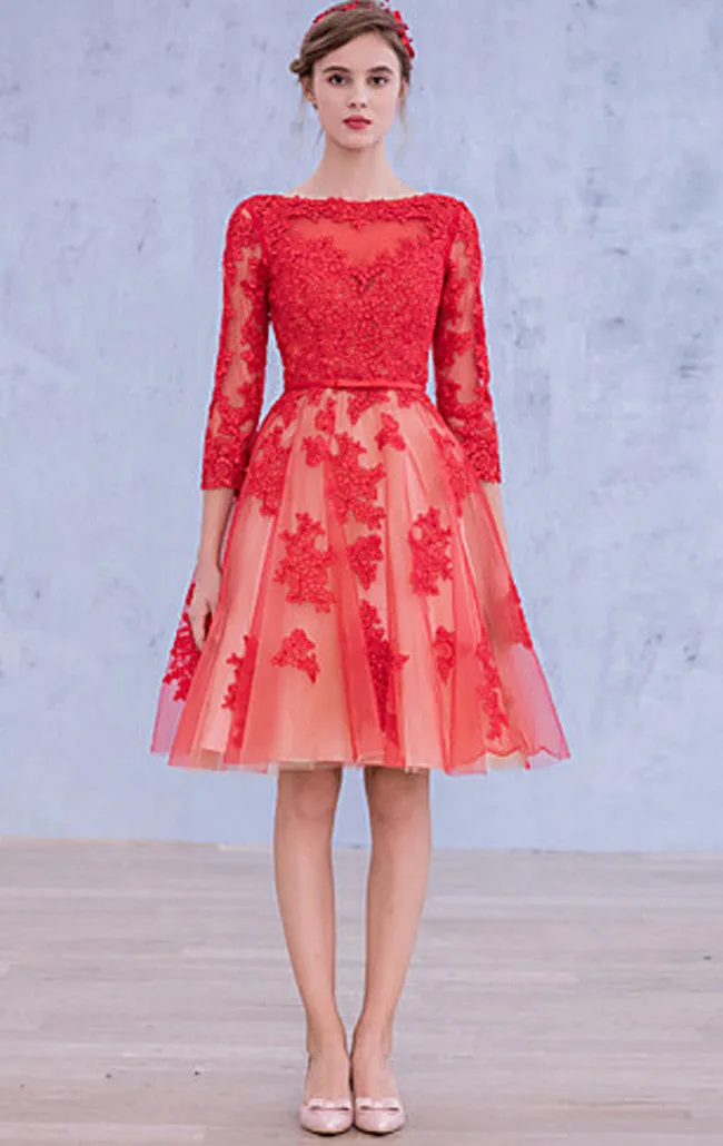 MACloth 3/4 Sleeves Lace Cocktail Dress Midi Red Wedding Party Formal Gown