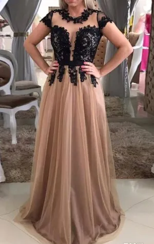 MACloth Cap Sleeves Lace Tulle Long Prom Dress Champagne Black Formal Evening Gown