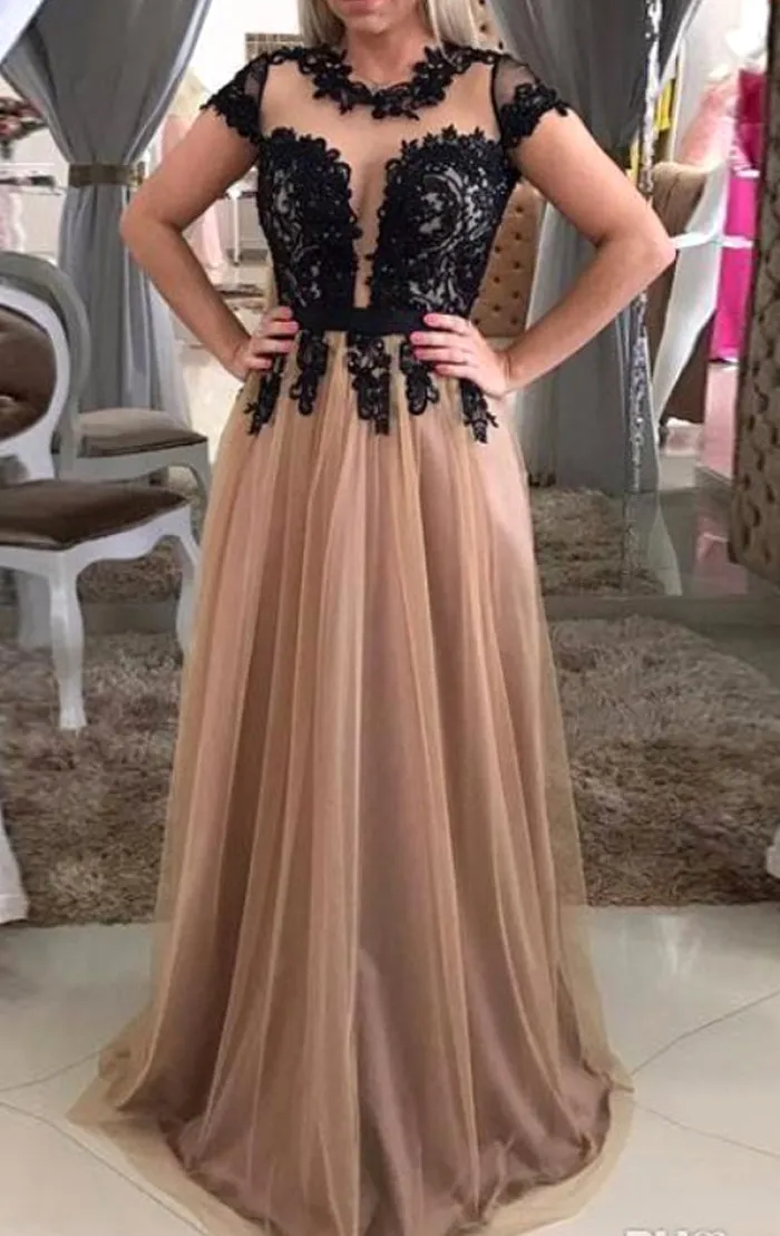 MACloth Cap Sleeves Lace Tulle Long Prom Dress Champagne Black Formal Evening Gown