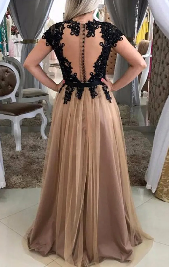 MACloth Cap Sleeves Lace Tulle Long Prom Dress Champagne Black Formal Evening Gown