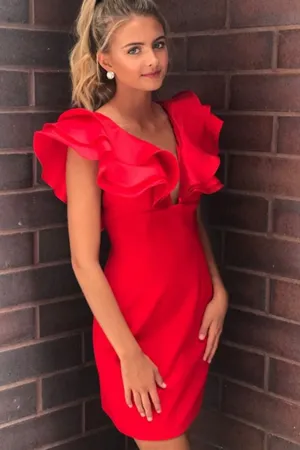 MACloth Deep V Neck Mini Prom Homecoming Dress Red Cocktail Party Dress