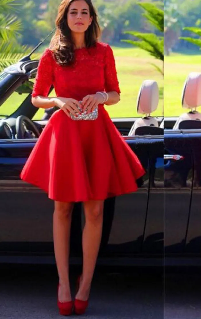 MACloth Half Sleeves Lace Satin Mini Prom Homecoming Dress Red Wedding Party Dress