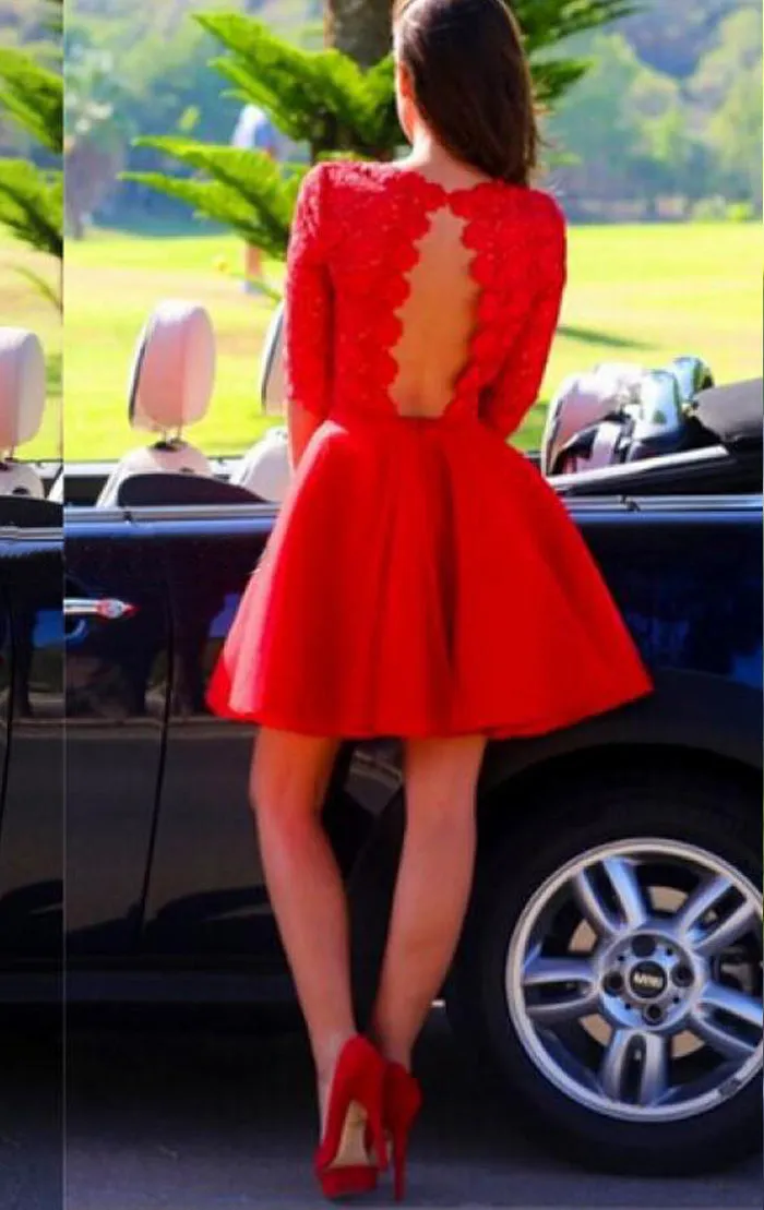 MACloth Half Sleeves Lace Satin Mini Prom Homecoming Dress Red Wedding Party Dress