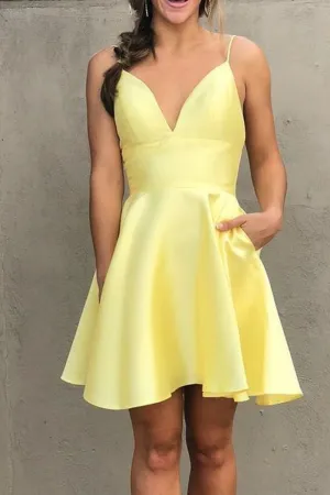 MACloth Spaghetti Straps V Neck Satin Mini Prom Homecoming Dress Hot Pink Cocktail Dress