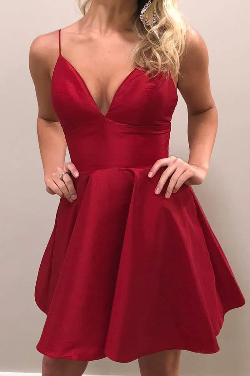 MACloth Spaghetti Straps V Neck Satin Mini Prom Homecoming Dress Hot Pink Cocktail Dress