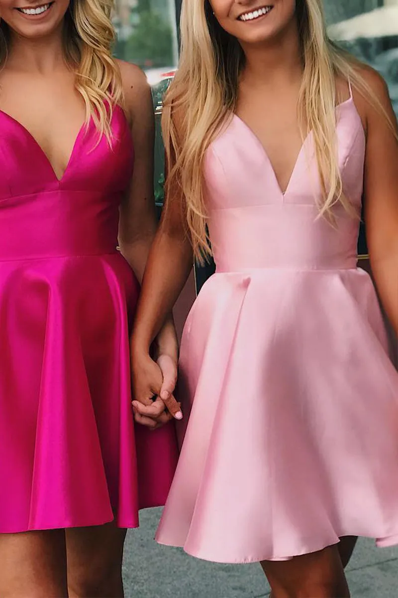 MACloth Spaghetti Straps V Neck Satin Mini Prom Homecoming Dress Hot Pink Cocktail Dress