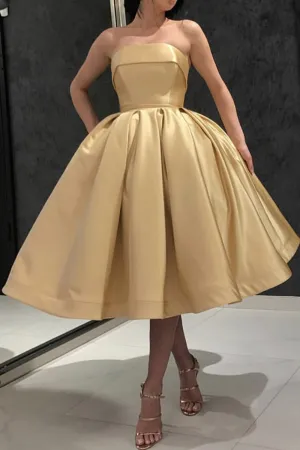 MACloth Strapless Midi Prom Homecoming Dress Gold Cocktail Party Dress