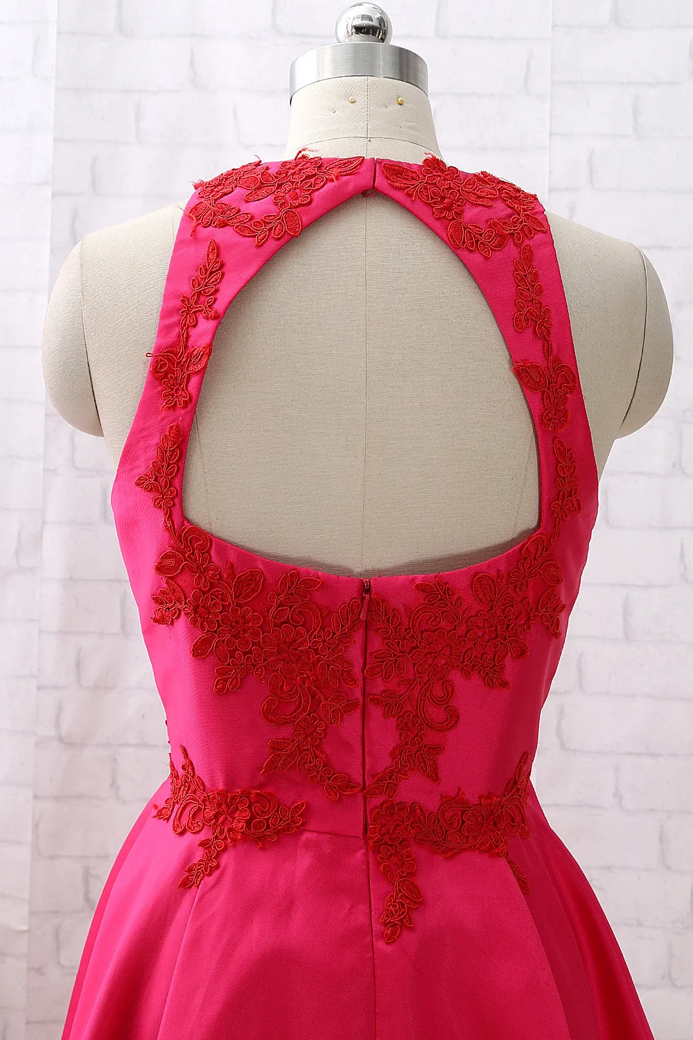 MACloth Straps O Neck Tea Length Hot Pink Cocktail Dress Short Prom Homecoming Dress