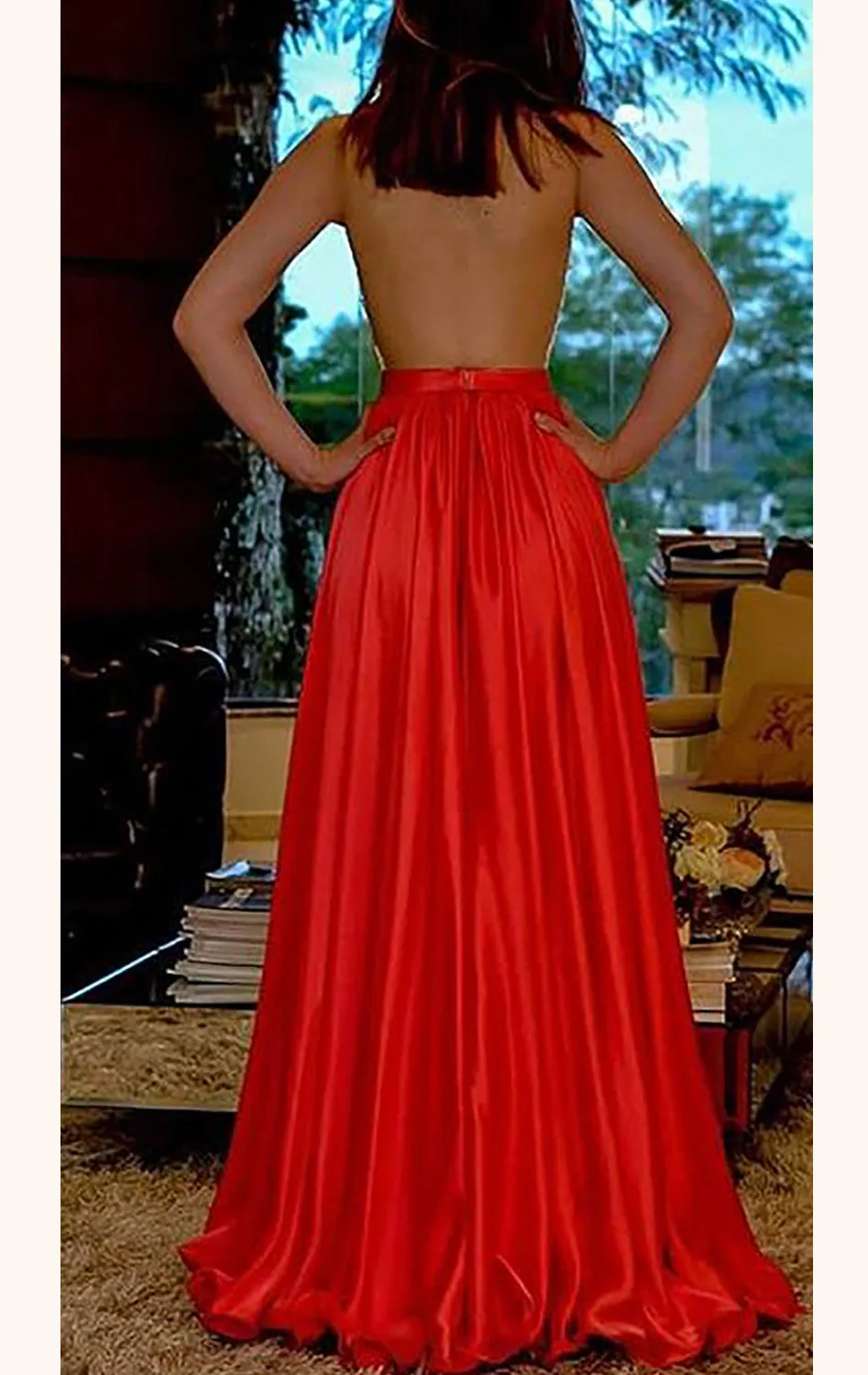 MACloth Straps V Neck Lace Long Prom Dress Open Back Red Formal Gown