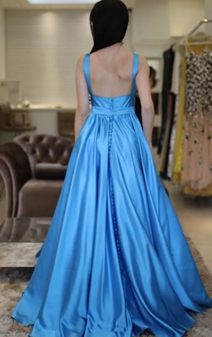MACloth Straps V Neck Satin Long Prom Dress Blue Formal Evening Gown
