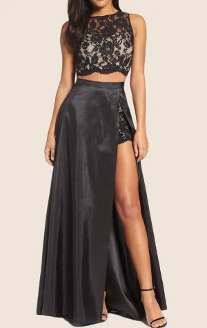 MACloth Two Piece Lace Taffeta Prom Dress Black Formal Gown