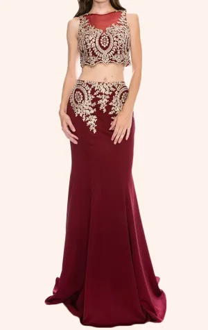 MACloth Two Piece Mermaid Lace Jersey Long Prom Dress Formal Gown
