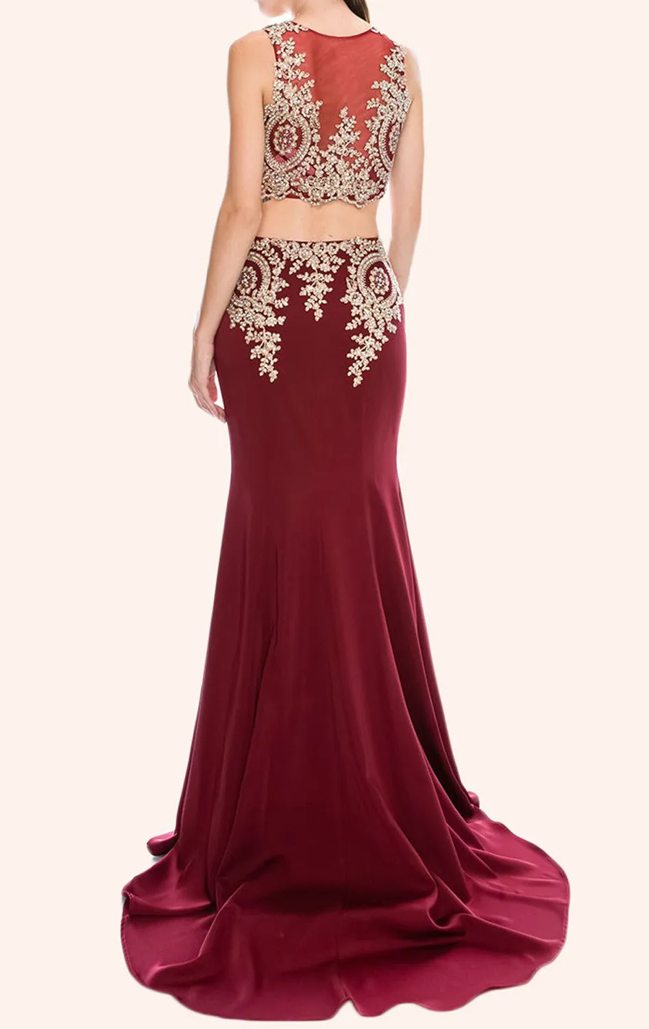 MACloth Two Piece Mermaid Lace Jersey Long Prom Dress Formal Gown