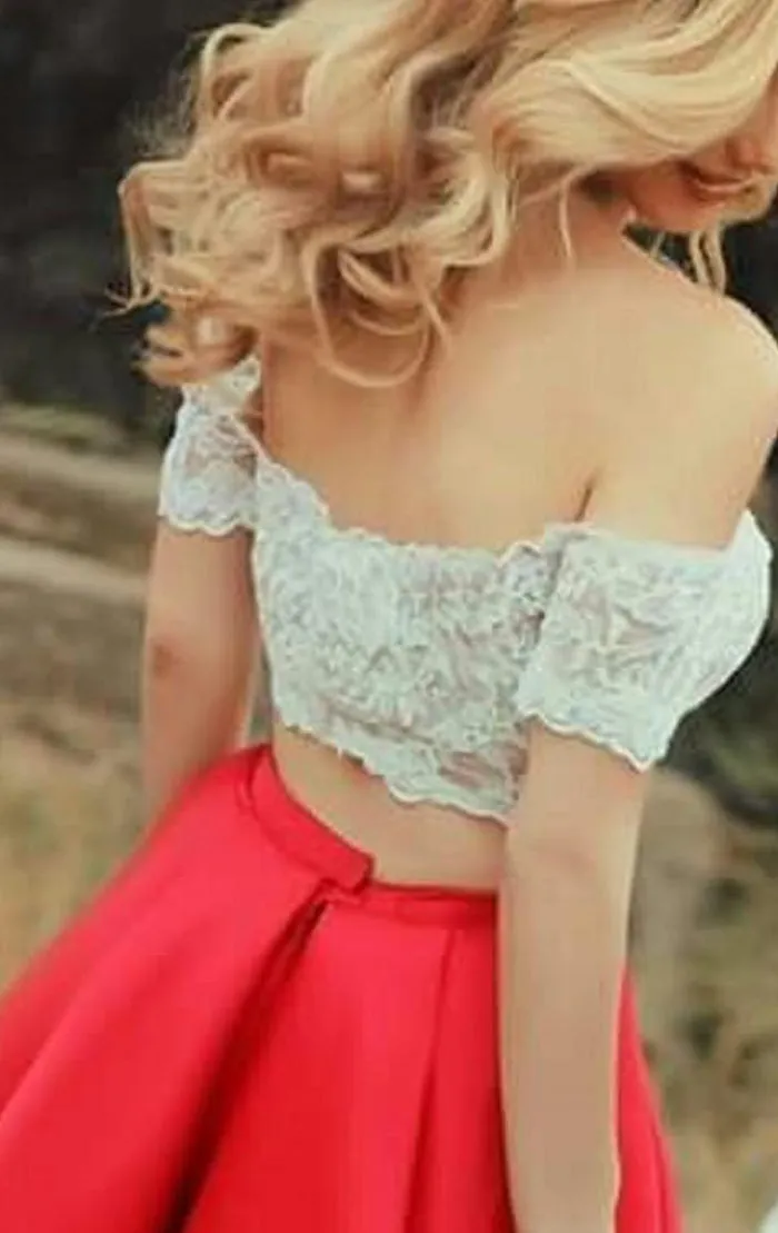 MACloth Two Piece Off the Shoulder Short Prom Homecoming Dress Red Lace Satin Wedding Party Dress