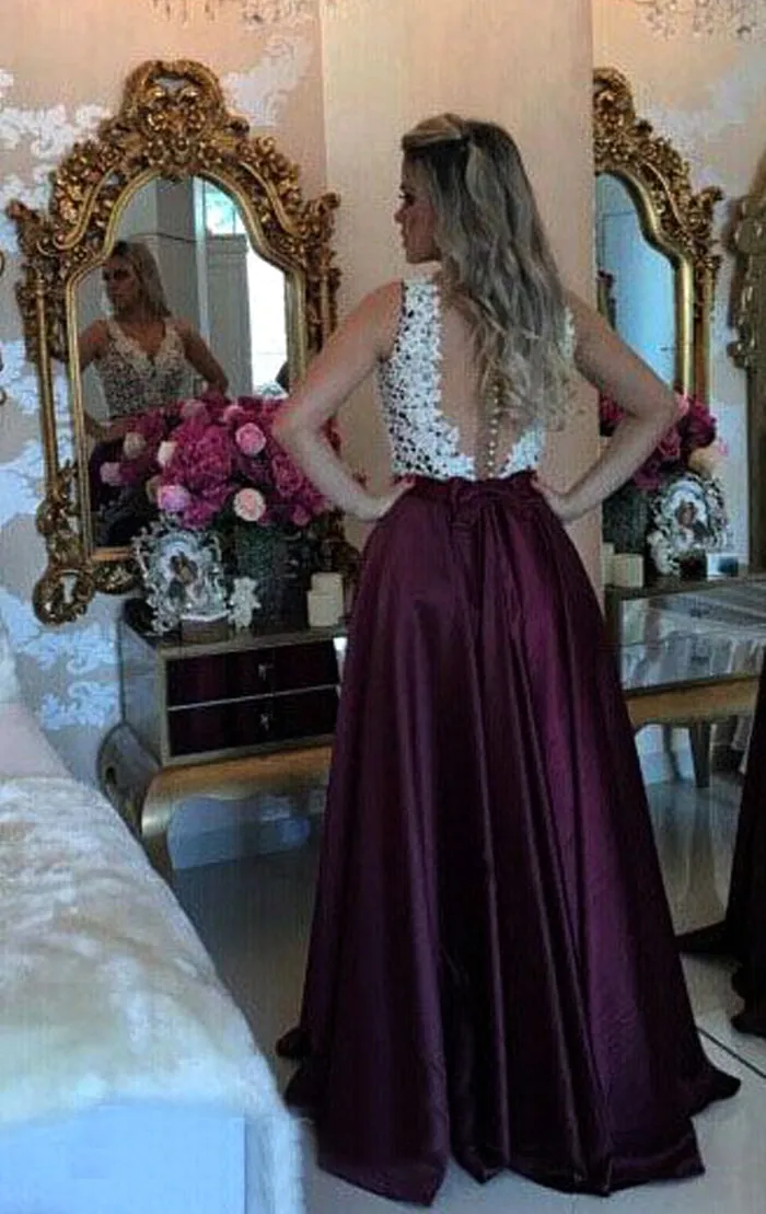 MACloth V Neck Lace Chiffon Long Prom Dress Plum Formal Evening Gown