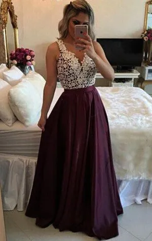 MACloth V Neck Lace Chiffon Long Prom Dress Plum Formal Evening Gown