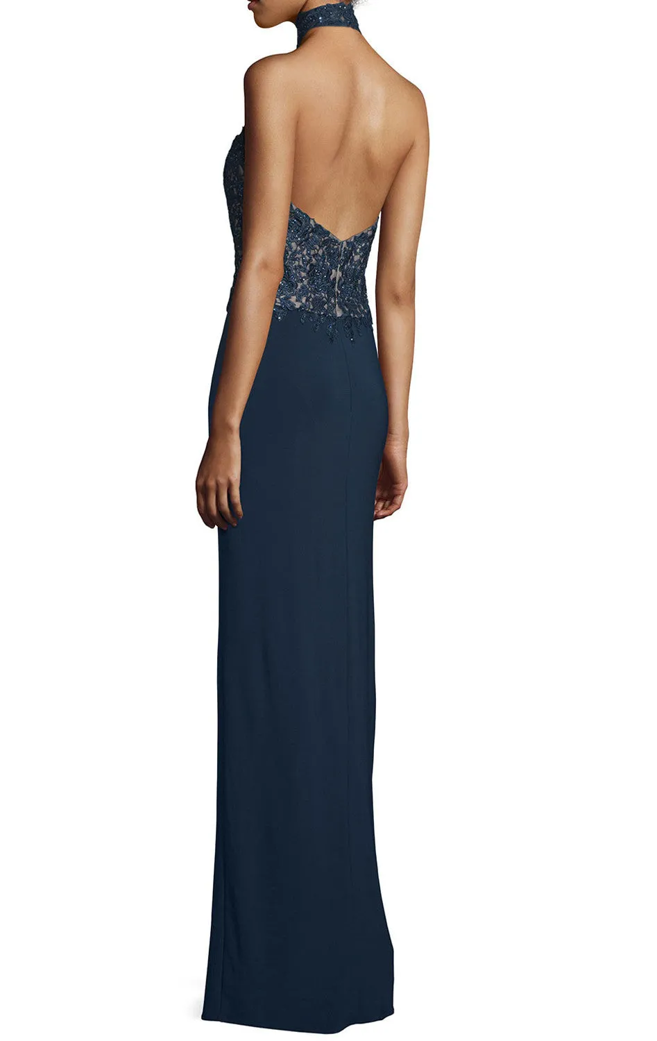 MACloth Women Halter Lace Jersey Long Evening Gown Sleeveless Formal Dress
