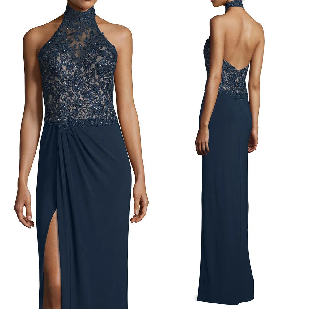 MACloth Women Halter Lace Jersey Long Evening Gown Sleeveless Formal Dress