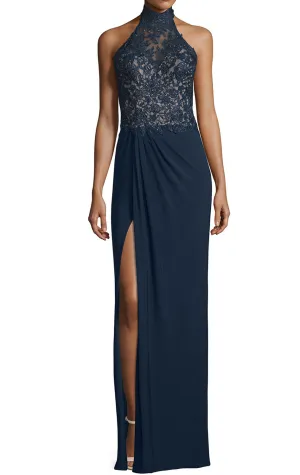MACloth Women Halter Lace Jersey Long Evening Gown Sleeveless Formal Dress