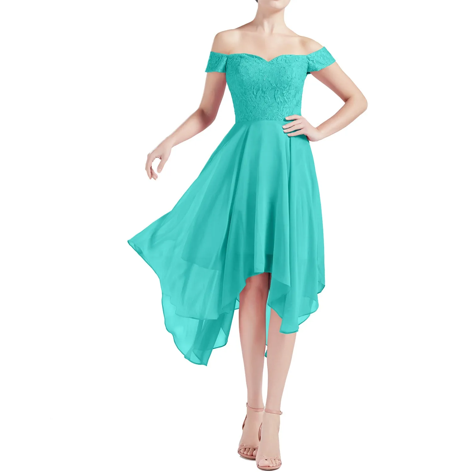 MACloth Women Hi Lo Off Shoulder Lace Beaded Wedding Bridesmaid Dresses MoH