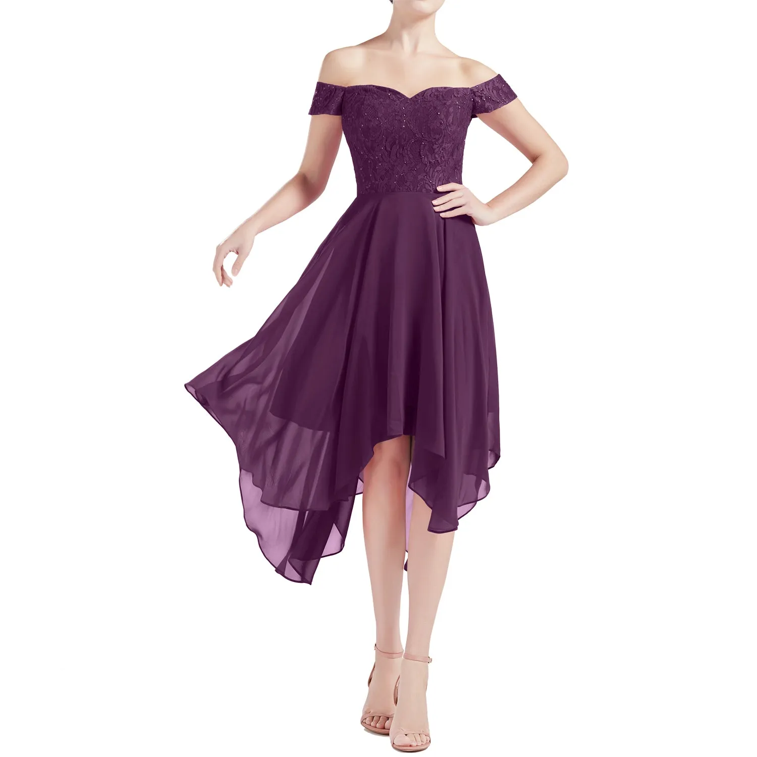 MACloth Women Hi Lo Off Shoulder Lace Beaded Wedding Bridesmaid Dresses MoH