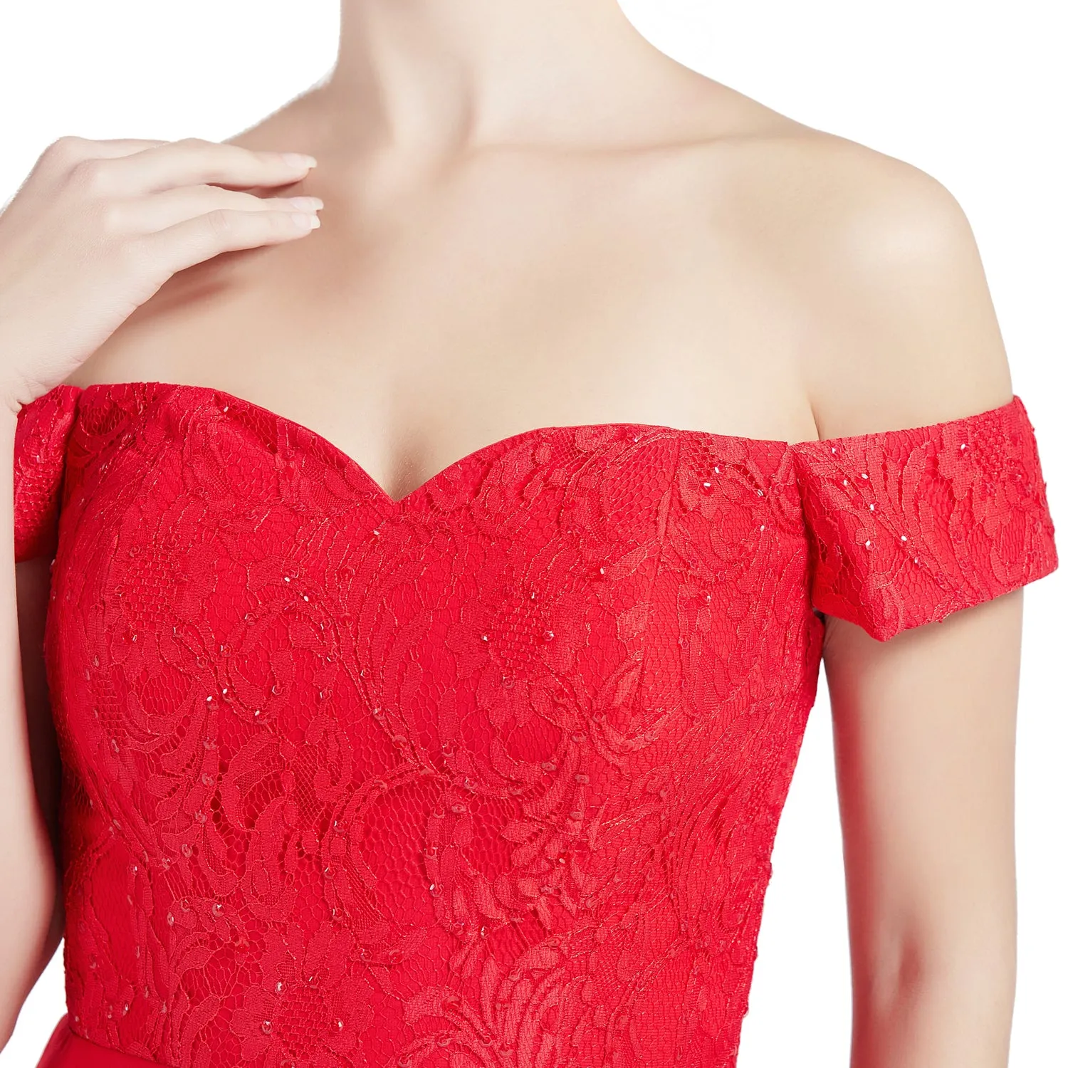 MACloth Women Hi Lo Off Shoulder Lace Beaded Wedding Bridesmaid Dresses MoH