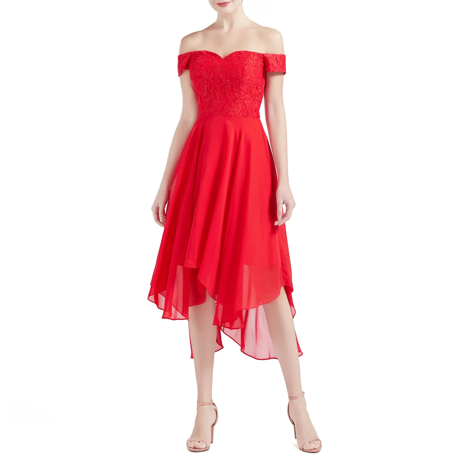 MACloth Women Hi Lo Off Shoulder Lace Beaded Wedding Bridesmaid Dresses MoH