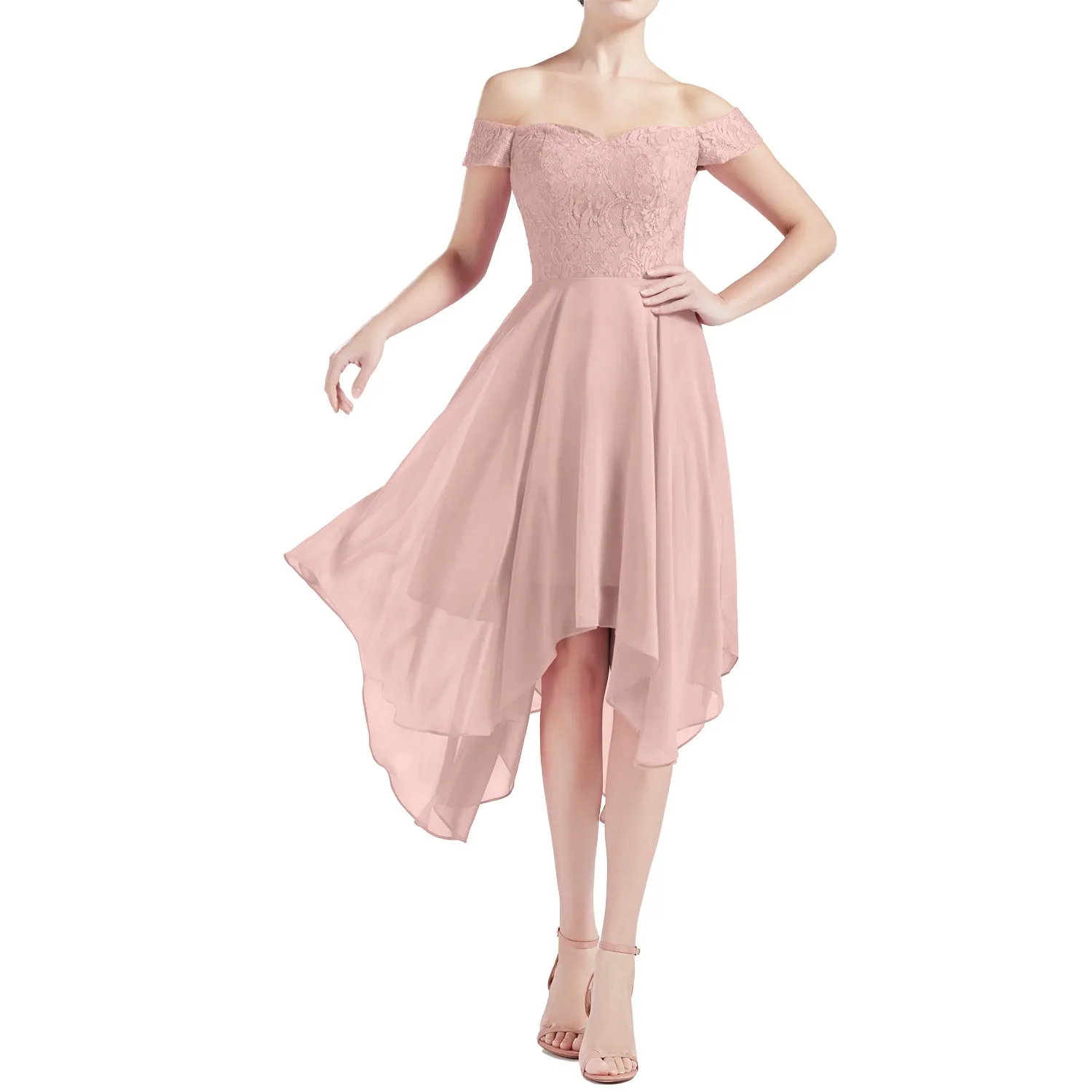 MACloth Women Hi Lo Off Shoulder Lace Beaded Wedding Bridesmaid Dresses MoH