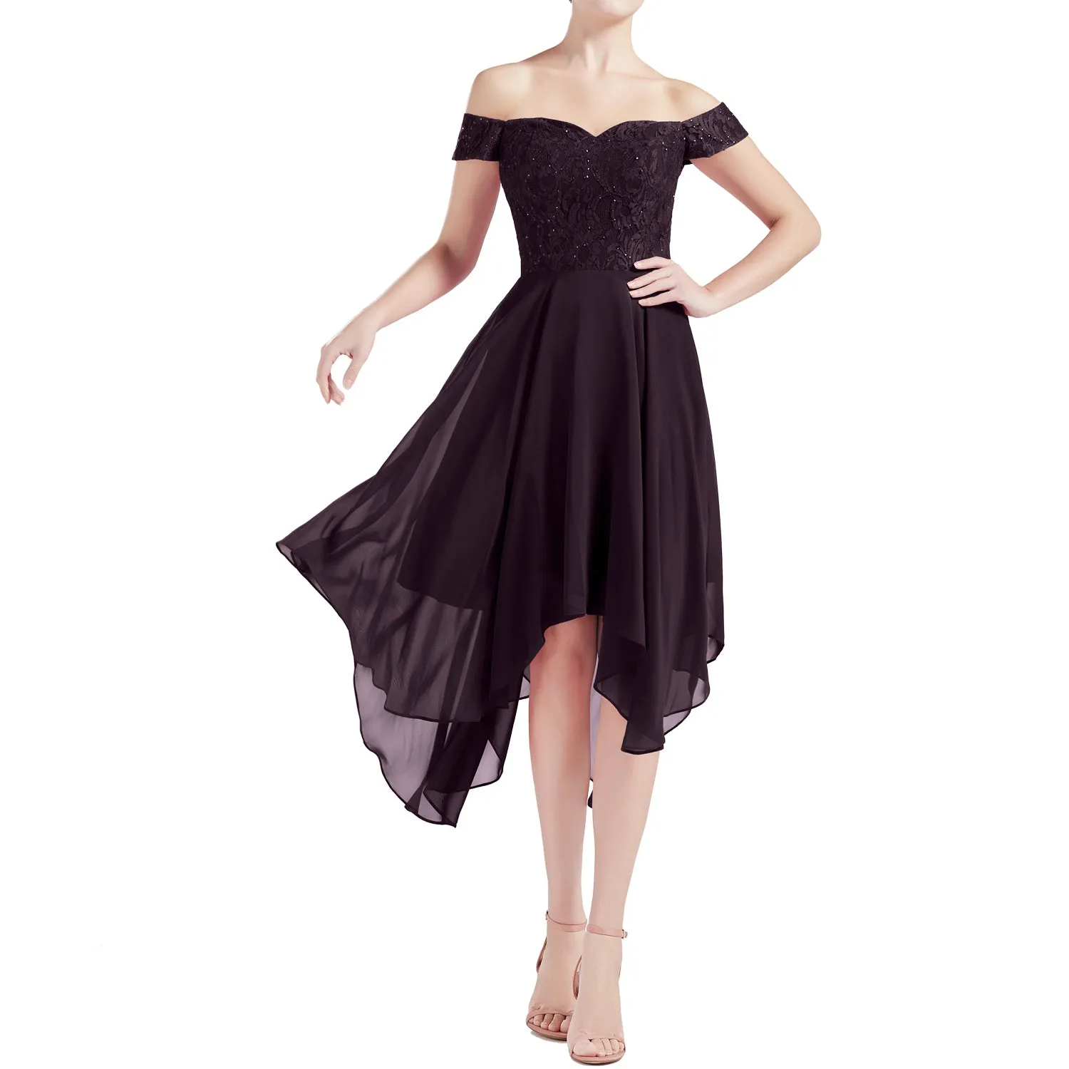MACloth Women Hi Lo Off Shoulder Lace Beaded Wedding Bridesmaid Dresses MoH