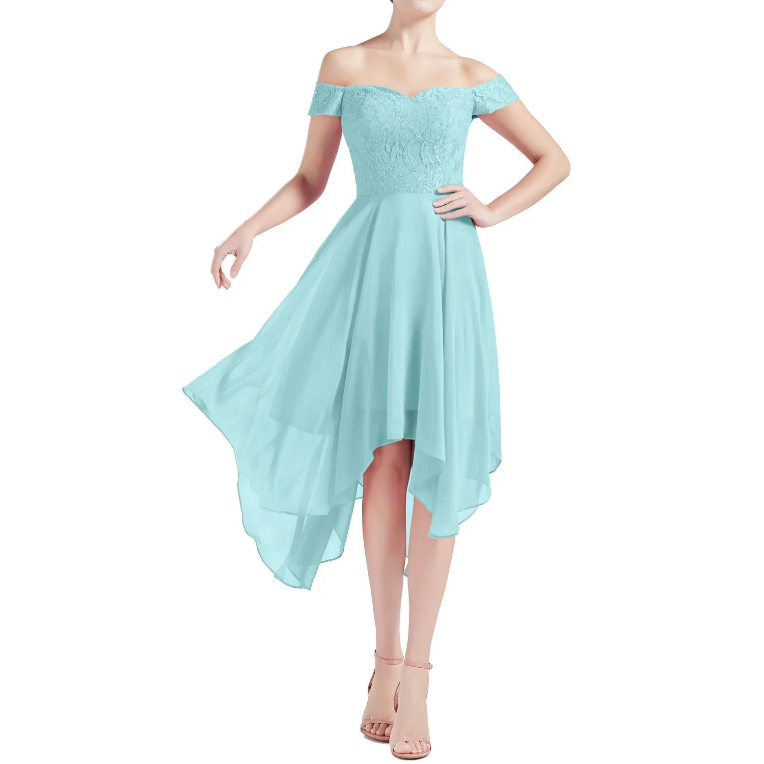 MACloth Women Hi Lo Off Shoulder Lace Beaded Wedding Bridesmaid Dresses MoH