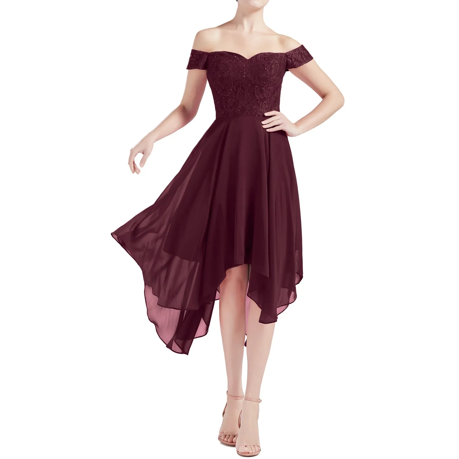 MACloth Women Hi Lo Off Shoulder Lace Beaded Wedding Bridesmaid Dresses MoH