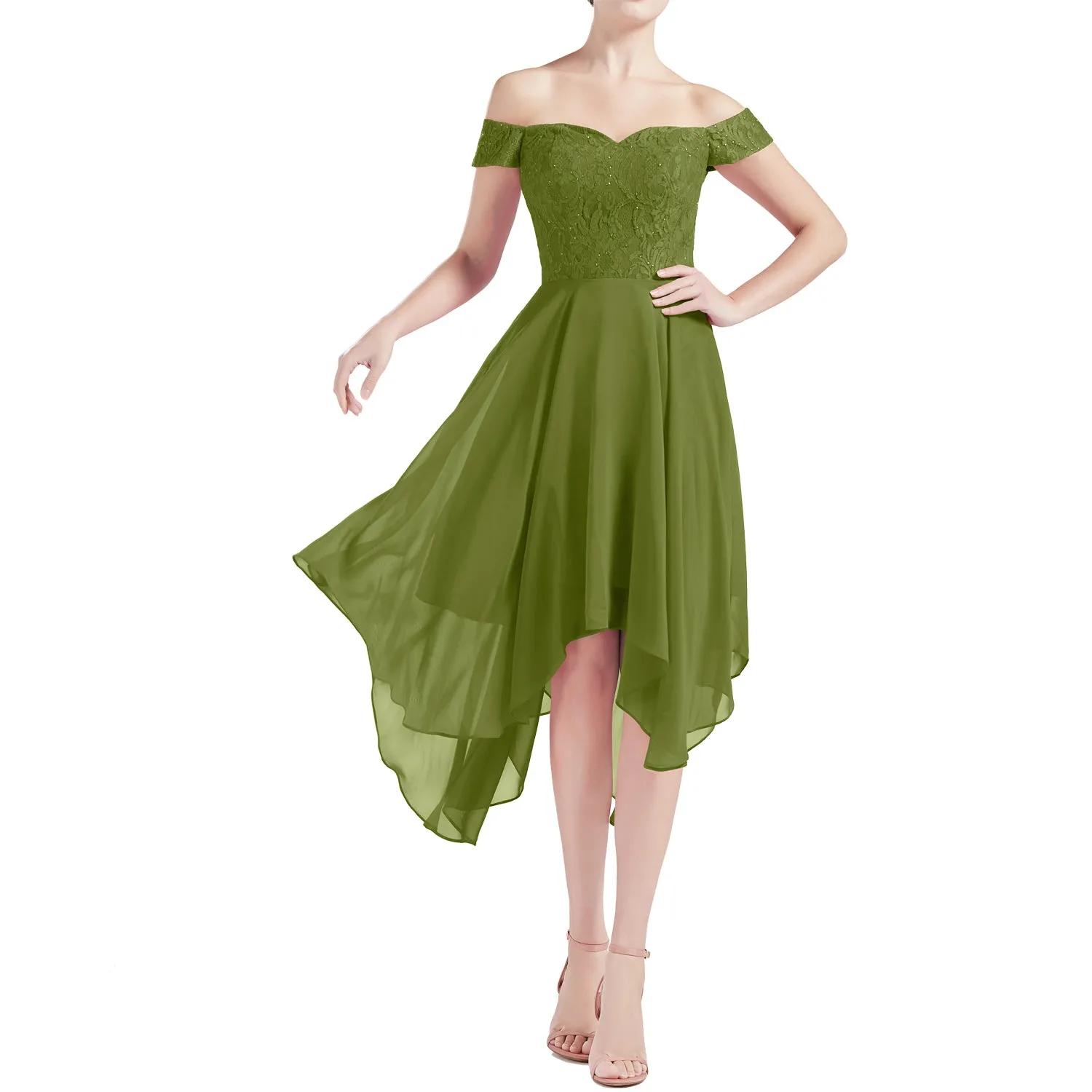 MACloth Women Hi Lo Off Shoulder Lace Beaded Wedding Bridesmaid Dresses MoH