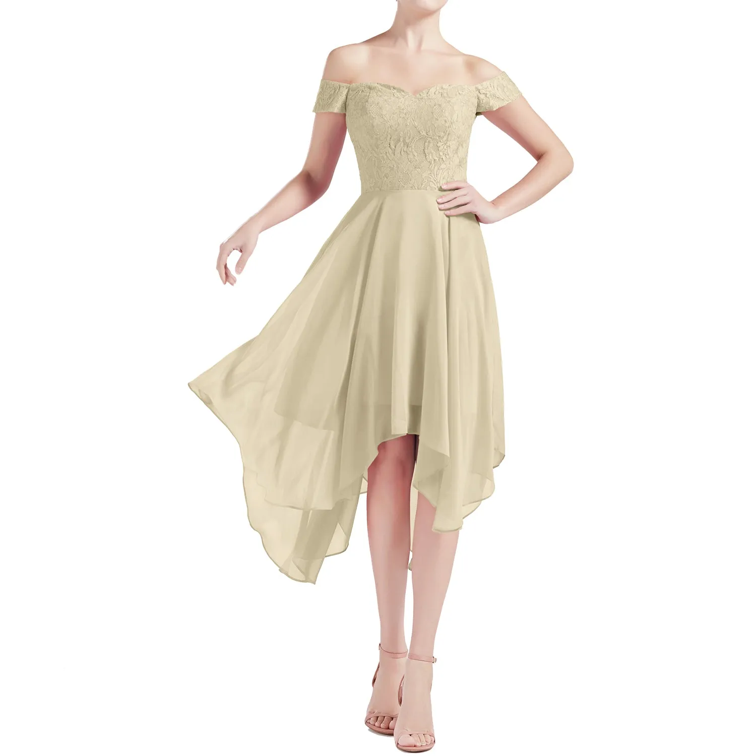 MACloth Women Hi Lo Off Shoulder Lace Beaded Wedding Bridesmaid Dresses MoH