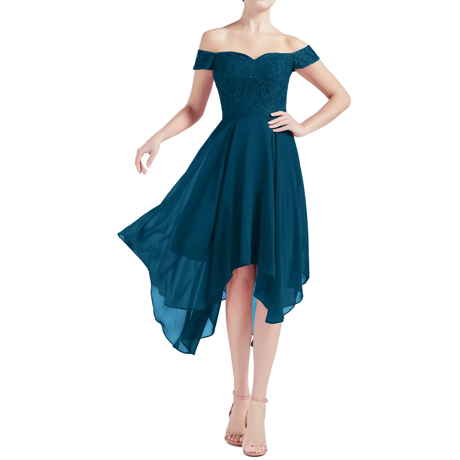 MACloth Women Hi Lo Off Shoulder Lace Beaded Wedding Bridesmaid Dresses MoH