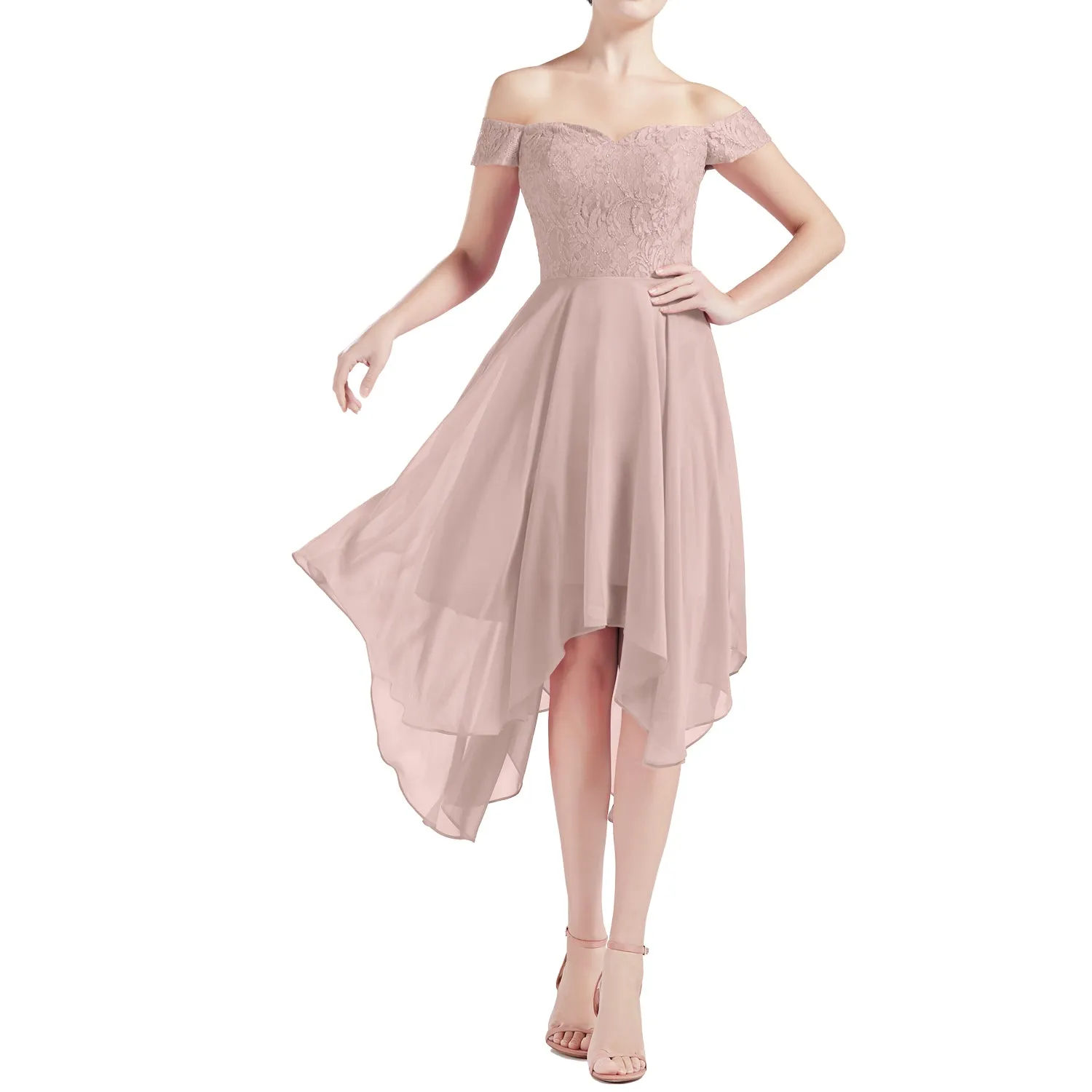 MACloth Women Hi Lo Off Shoulder Lace Beaded Wedding Bridesmaid Dresses MoH
