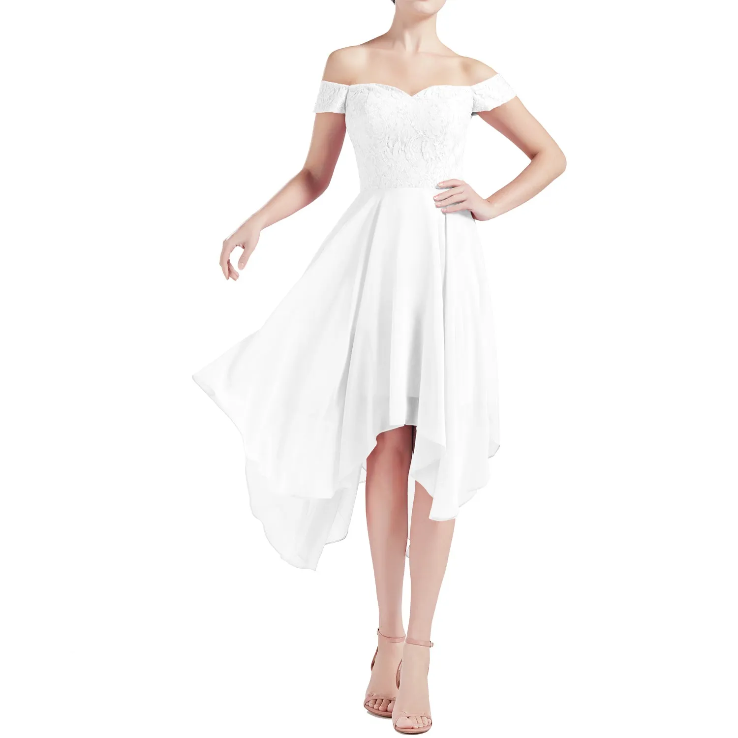 MACloth Women Hi Lo Off Shoulder Lace Beaded Wedding Bridesmaid Dresses MoH