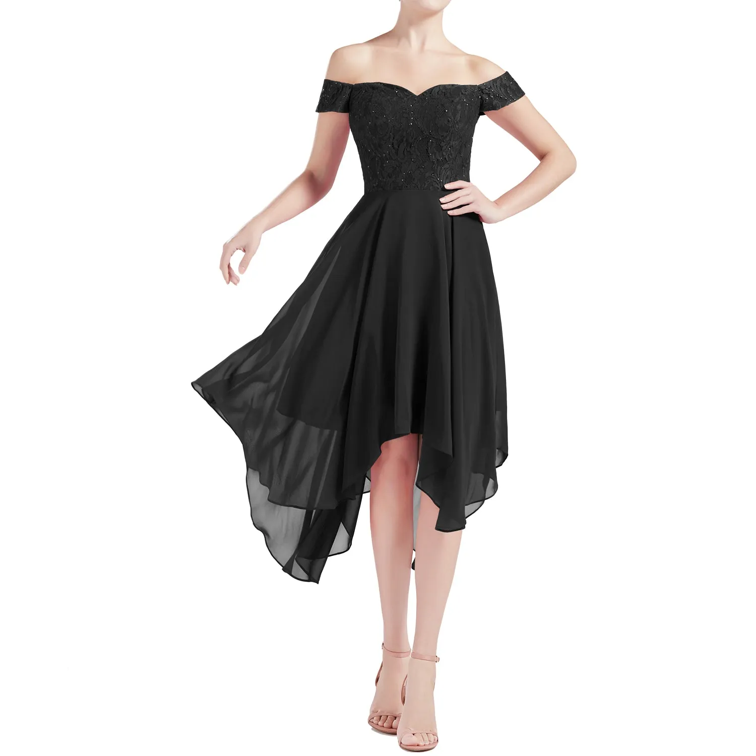 MACloth Women Hi Lo Off Shoulder Lace Beaded Wedding Bridesmaid Dresses MoH