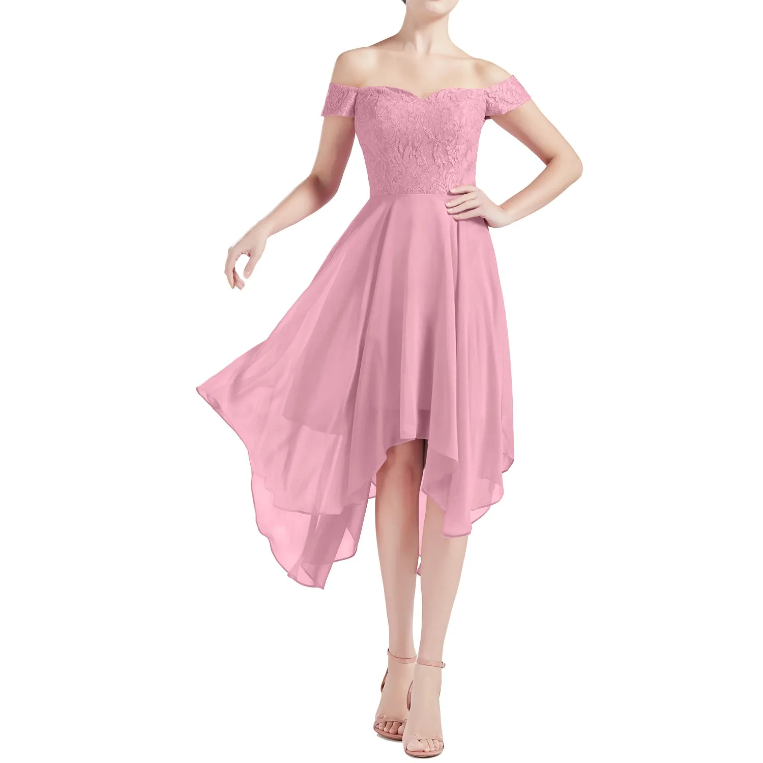 MACloth Women Hi Lo Off Shoulder Lace Beaded Wedding Bridesmaid Dresses MoH