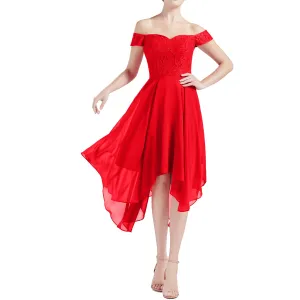 MACloth Women Hi Lo Off Shoulder Lace Beaded Wedding Bridesmaid Dresses MoH