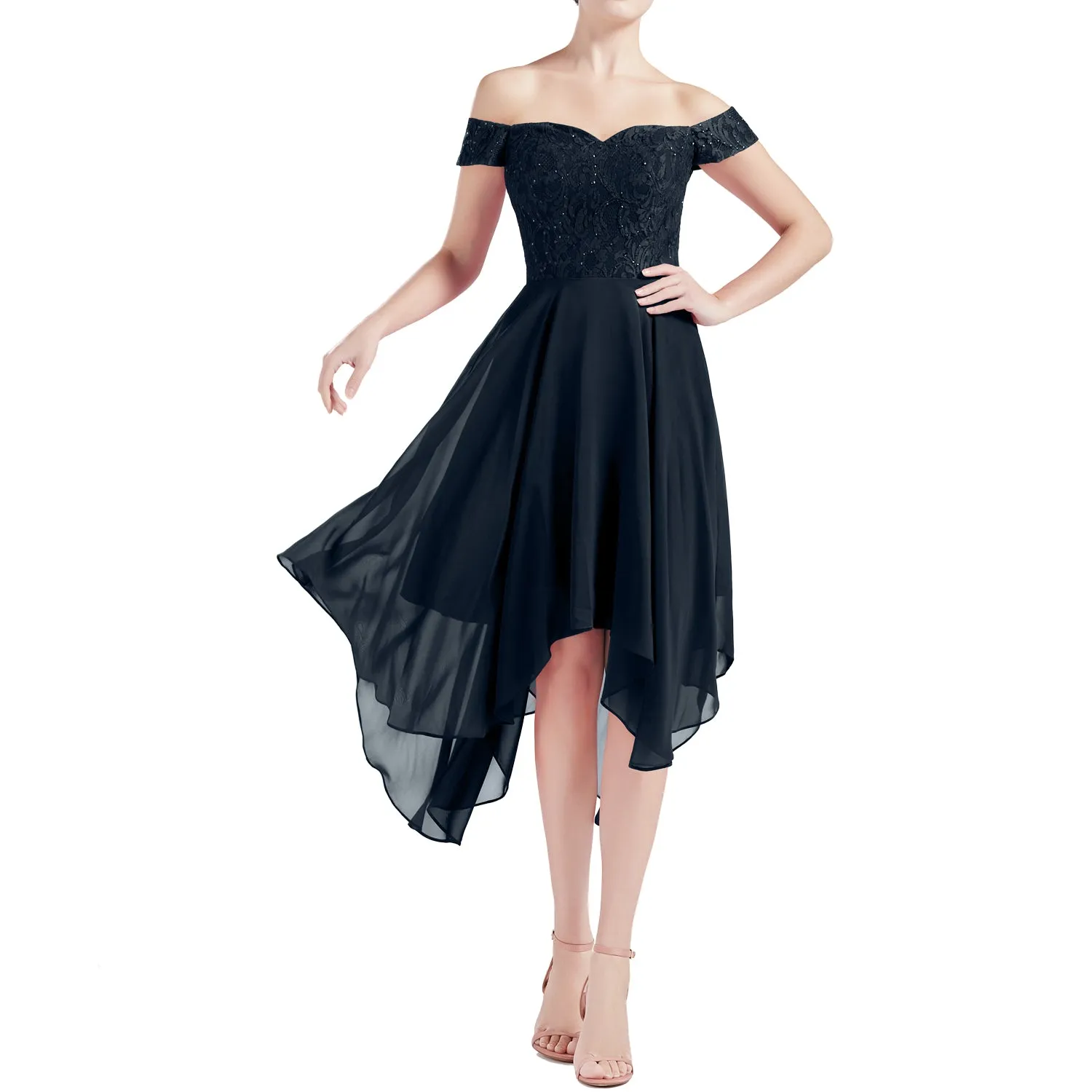 MACloth Women Hi Lo Off Shoulder Lace Beaded Wedding Bridesmaid Dresses MoH