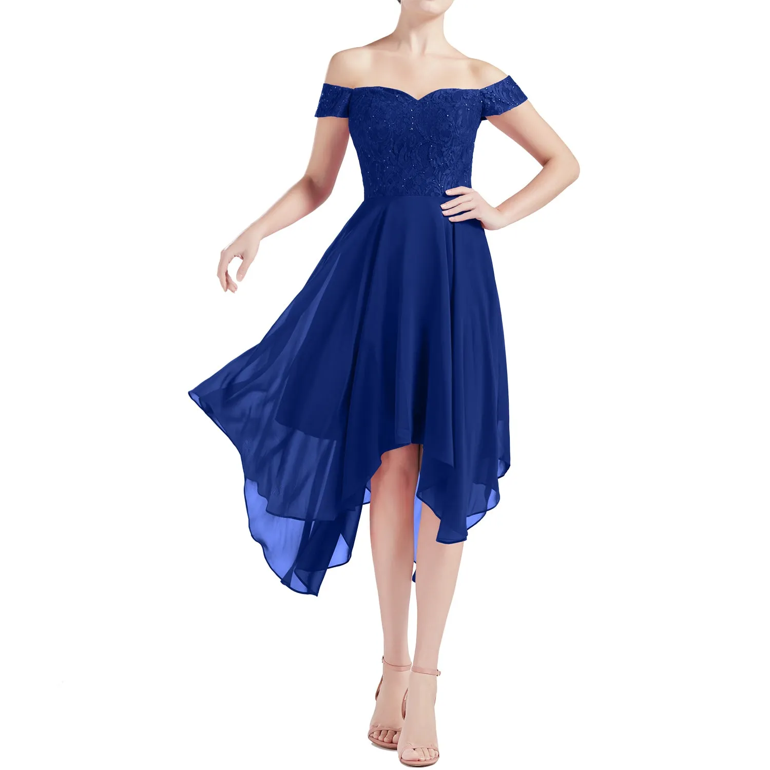 MACloth Women Hi Lo Off Shoulder Lace Beaded Wedding Bridesmaid Dresses MoH