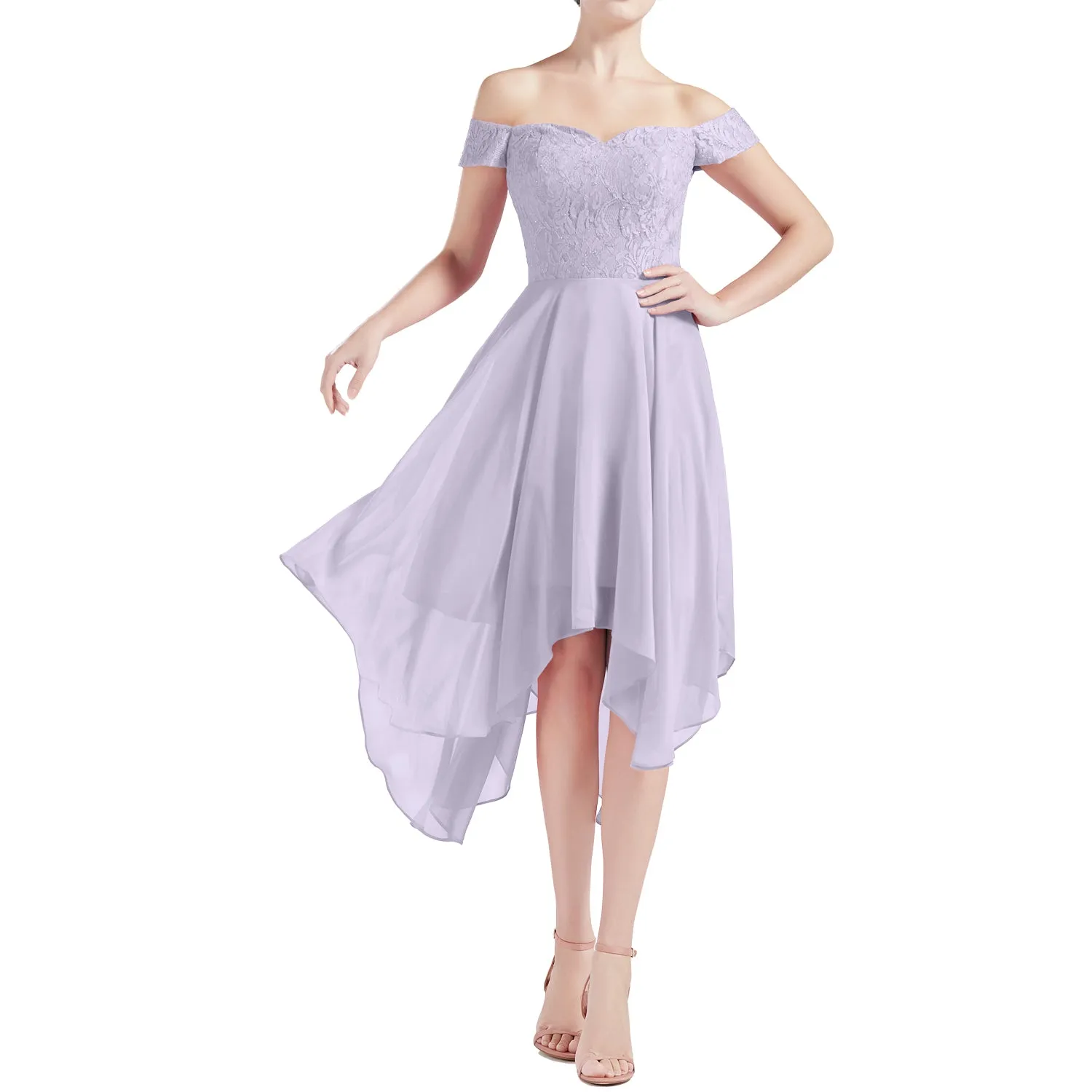 MACloth Women Hi Lo Off Shoulder Lace Beaded Wedding Bridesmaid Dresses MoH