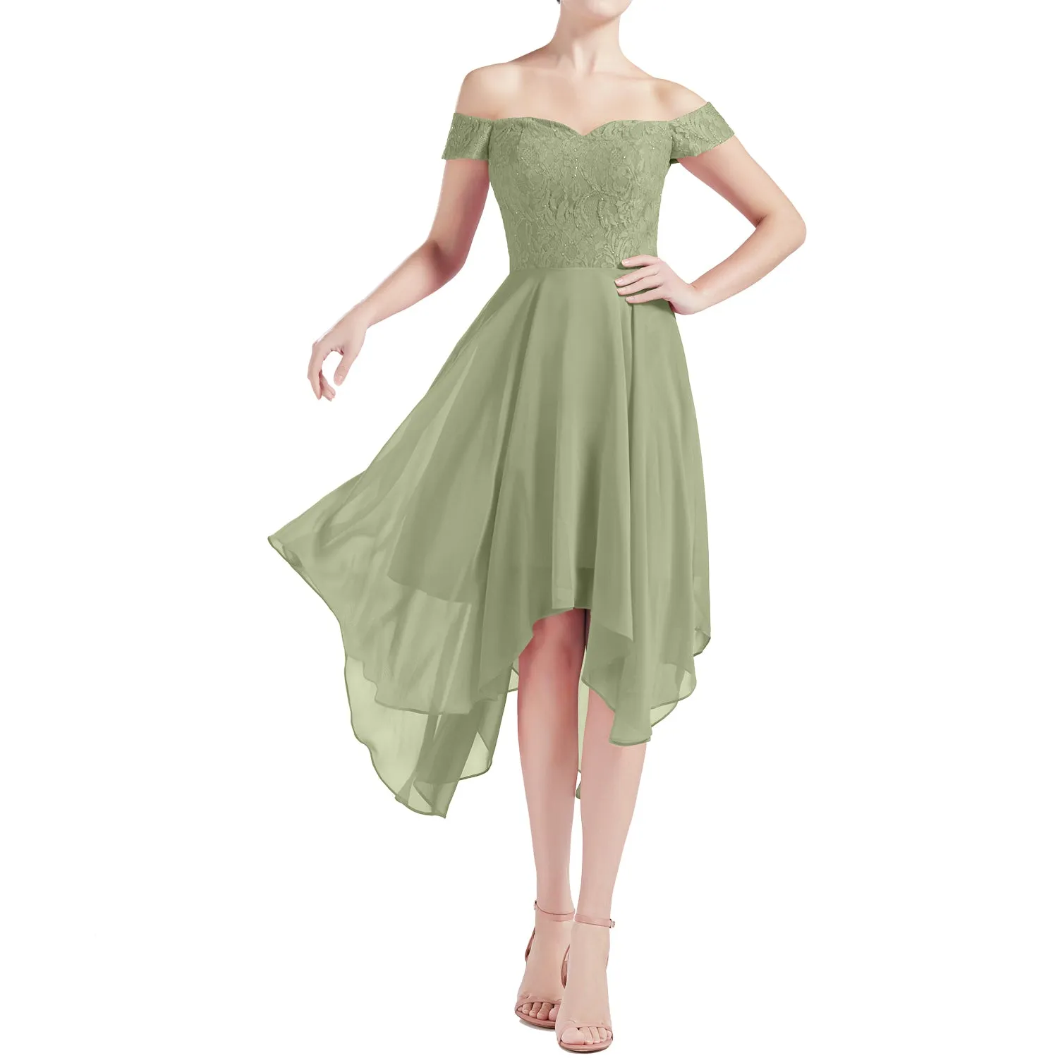 MACloth Women Hi Lo Off Shoulder Lace Beaded Wedding Bridesmaid Dresses MoH