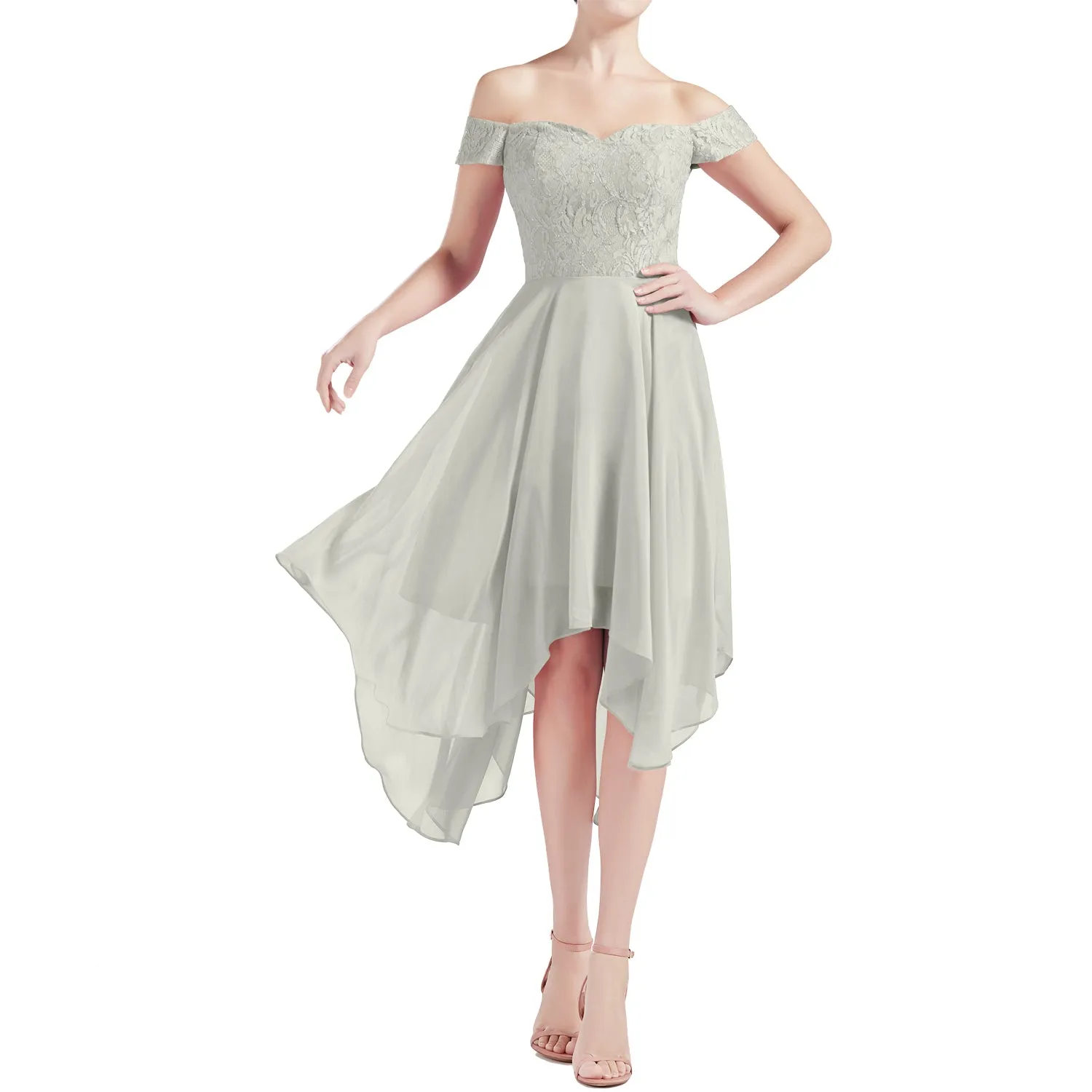 MACloth Women Hi Lo Off Shoulder Lace Beaded Wedding Bridesmaid Dresses MoH